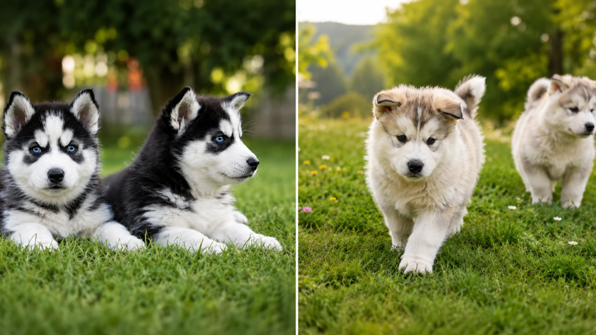 Two blue-eyed Husky puppies resting on grass next to two fluffy Alaskan Malamute puppies walking in a field