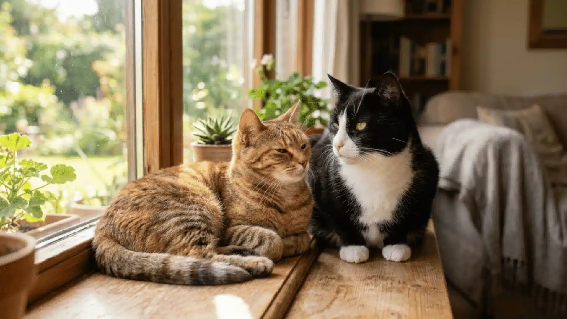 Two cats relaxing on a sunny windowsill with calm body language in a cozy home interior