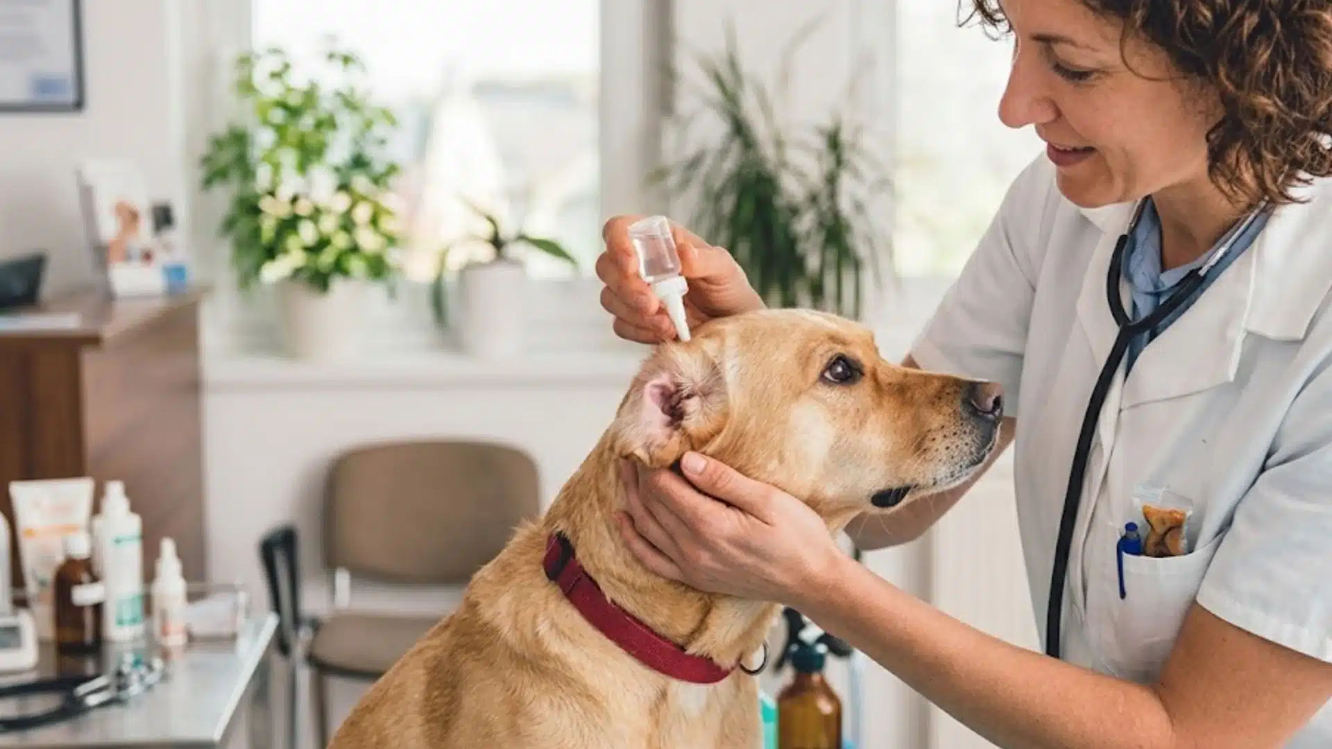 Vet applying ear drops to a Golden Retriever during treatment for swelling, irritation, or infection