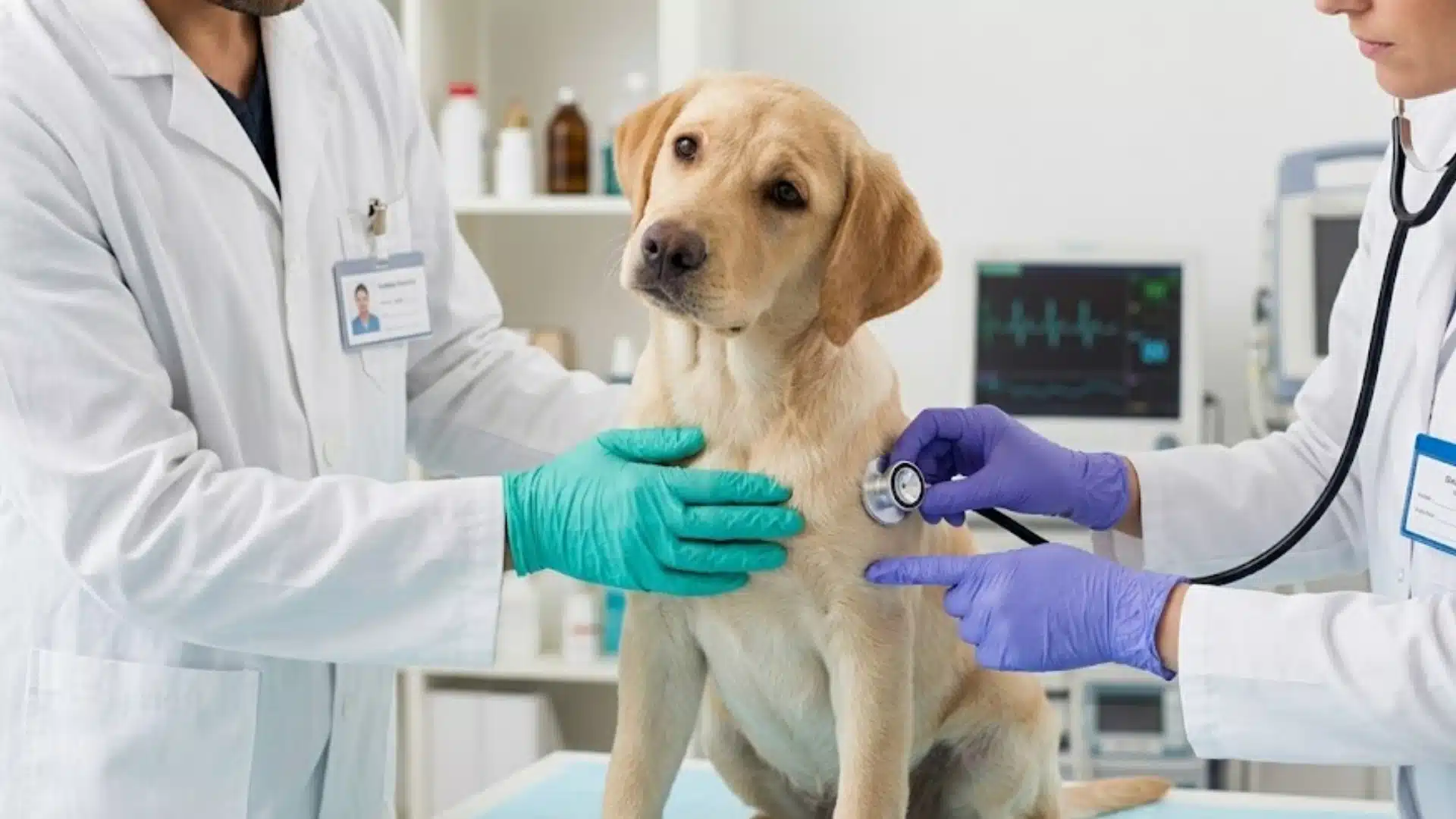 Vet checking a dog with a stethoscope during an exam for possible kidney problems and related symptoms