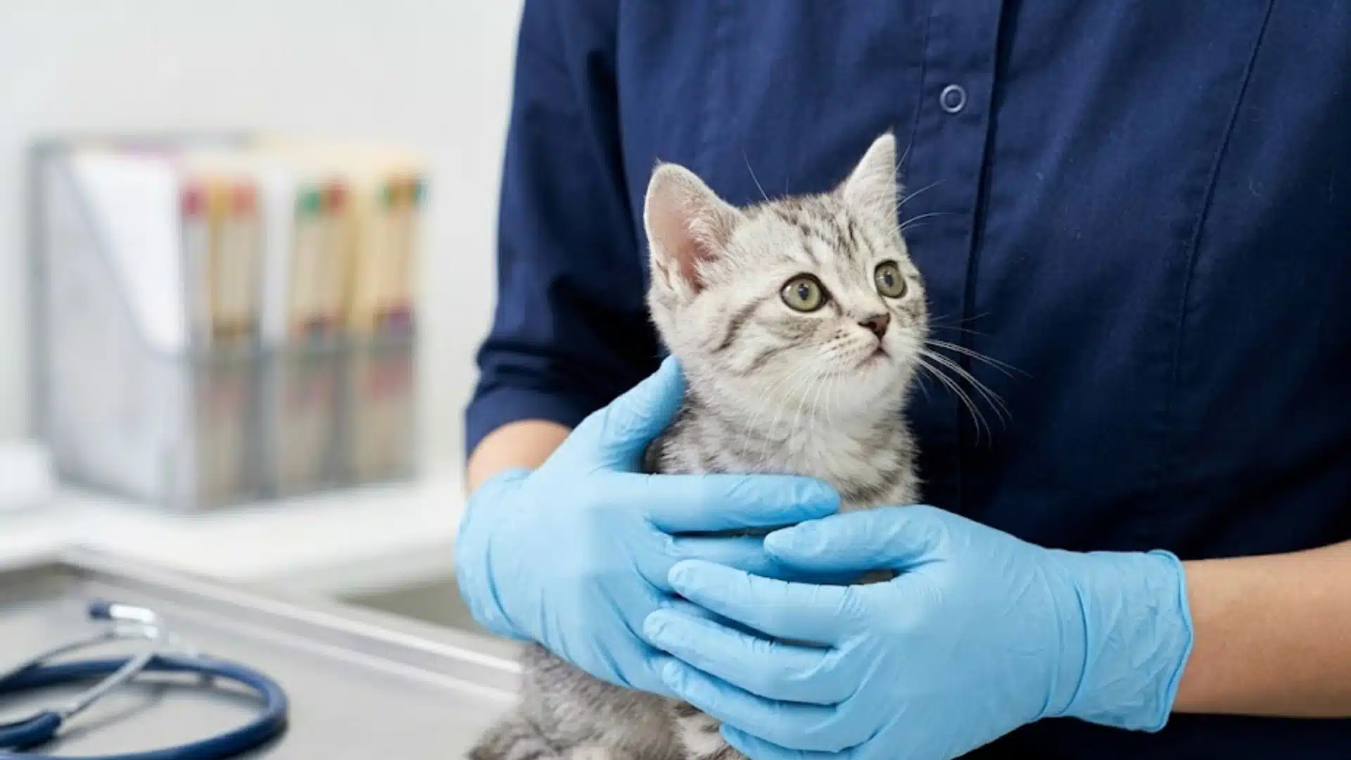 Vet holding a kitten during a clinic checkup, showing early health care and support for a young cat