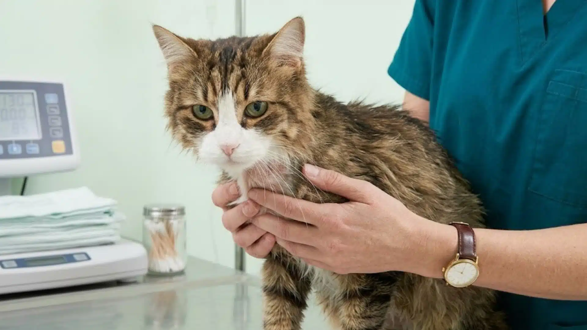 Vet holding a long-haired tabby cat during a clinic checkup beside a medical scale and exam table