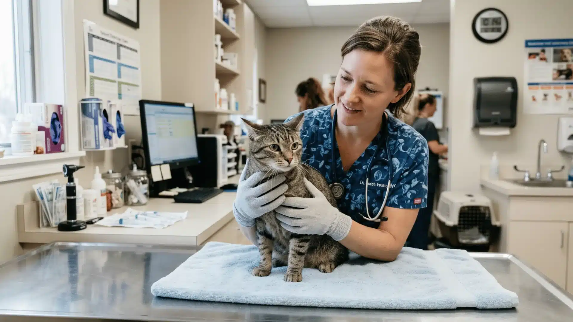 Vet holding cat during checkup, cat purring as stress response in clinic
