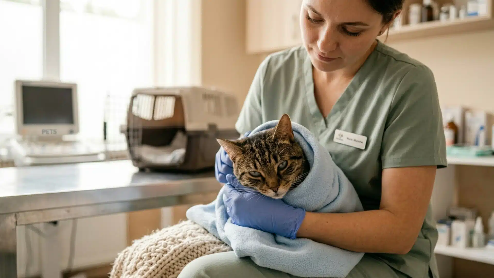 Vet holding sick cat in blanket