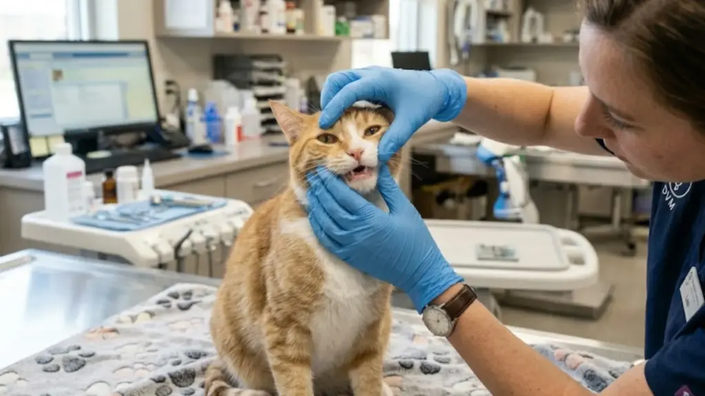 Veterinarian checking a ginger cat’s teeth during a dental exam in a clean animal clinic room