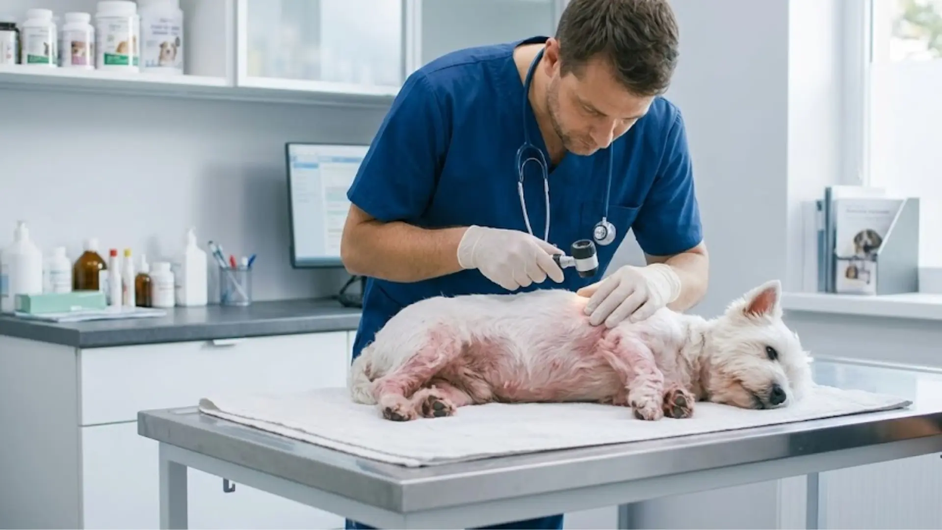 Veterinarian examines a white dog with irritated skin during a clinic visit