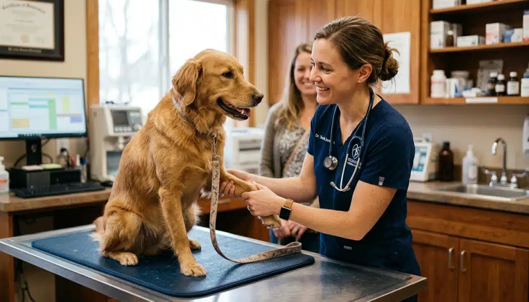 Veterinarian examining dog at clinic to check for illness symptoms after owner contact