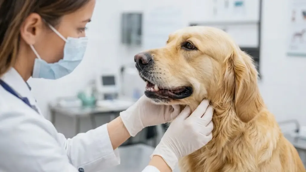 Veterinarian examining golden retriever dog during health checkup at animal clinic