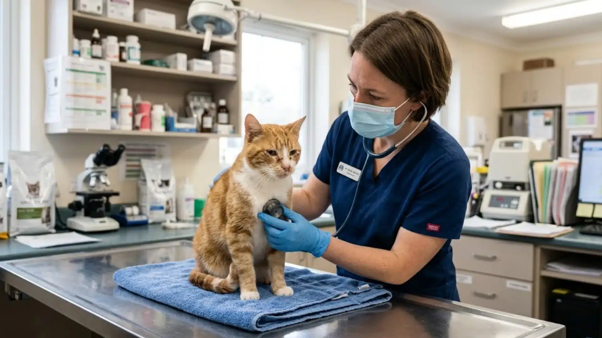 Veterinarian examining orange cat on clinic table during routine health checkup with stethoscope