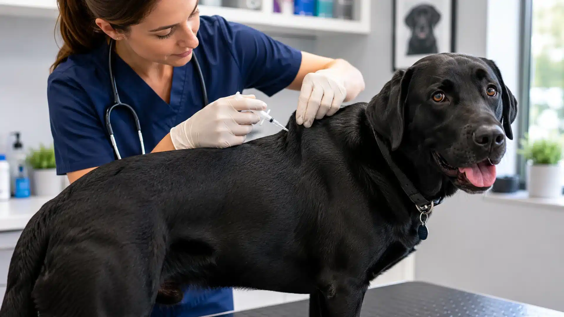 Veterinarian gently injects microchip into calm black Labrador on exam table in bright clinic