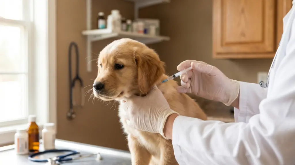 Veterinarian giving a golden puppy a vaccine during a routine checkup at the clinic