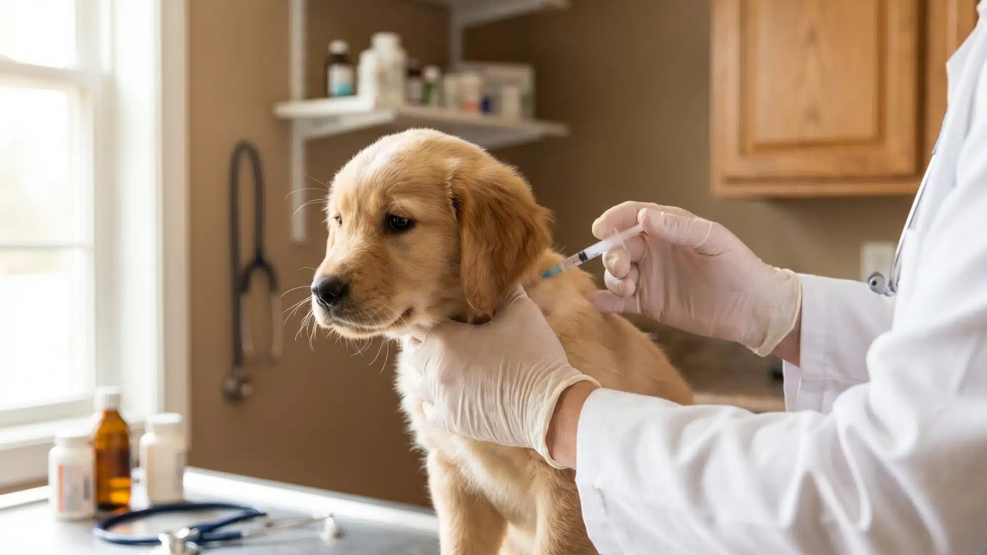 Veterinarian giving a golden puppy a vaccine during a routine checkup at the clinic