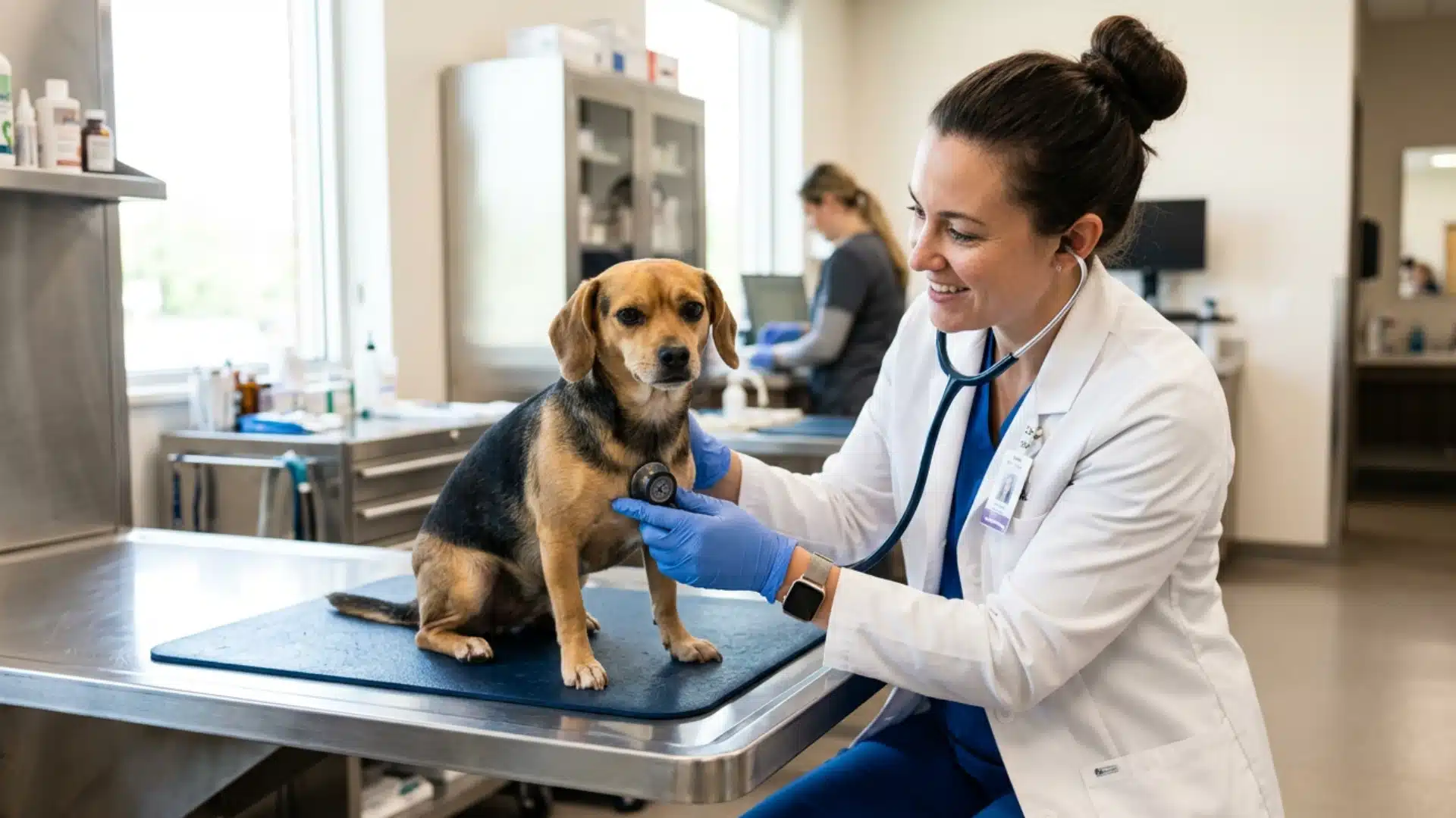 Veterinarian wearing blue gloves examines a small beagle mix dog with a stethoscope in clinic room
