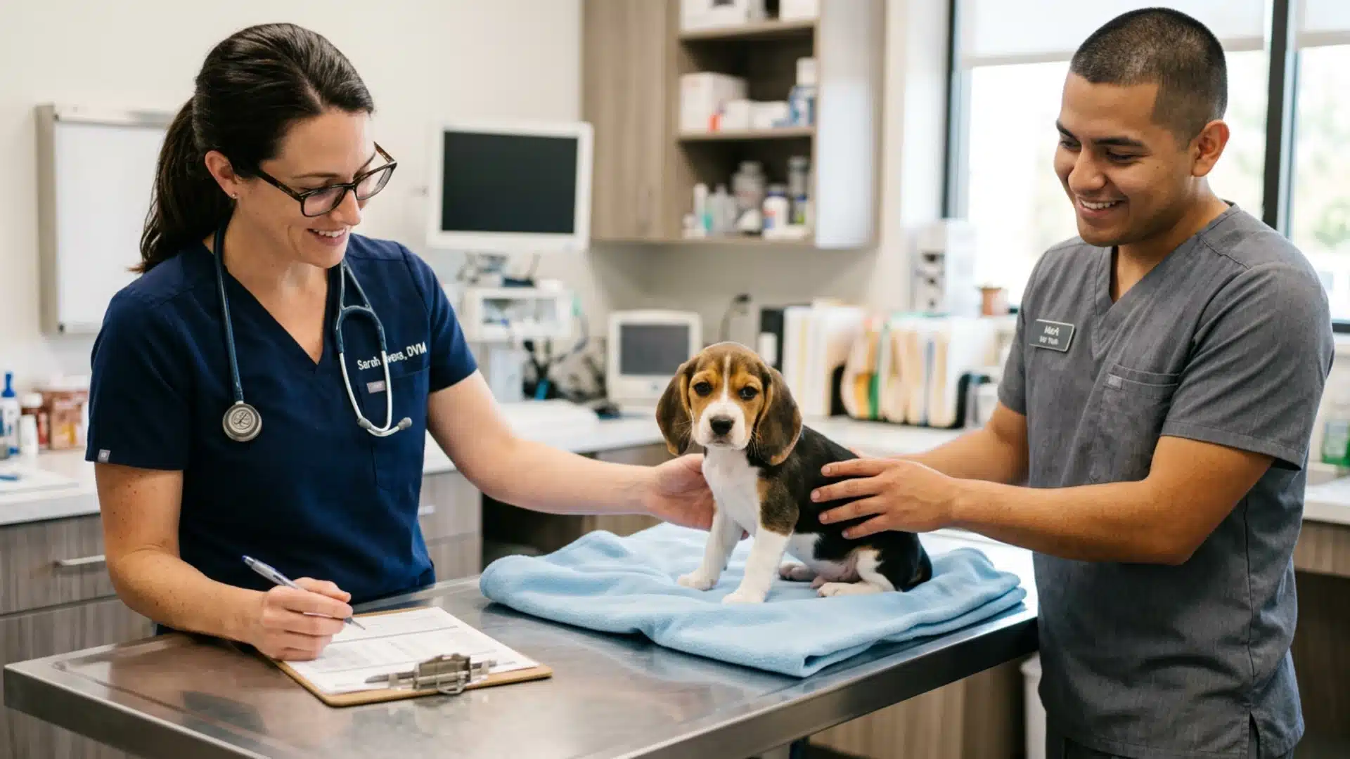 Veterinarian examining a calm beagle puppy on an exam table during a routine checkup at a veterinary clinic
