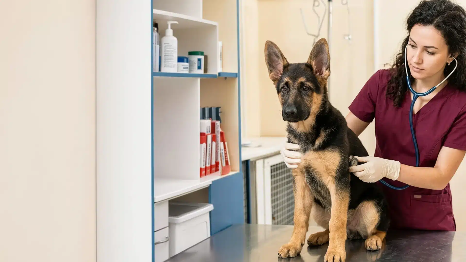 Veterinarian examining a German Shepherd puppy during a health checkup