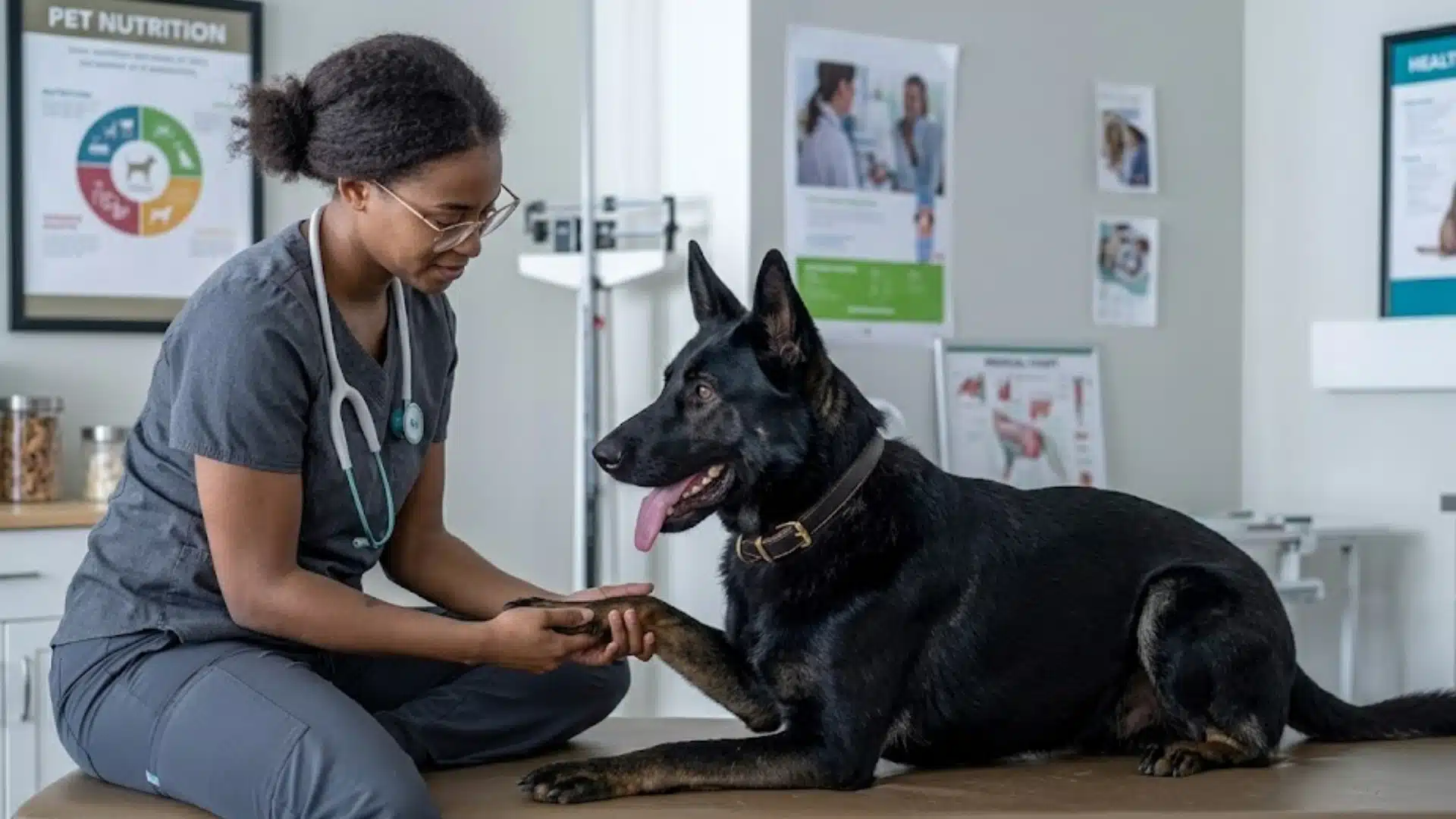 Veterinarian holds a black dog’s paw during a calm breathing check inside a clean clinic exam room