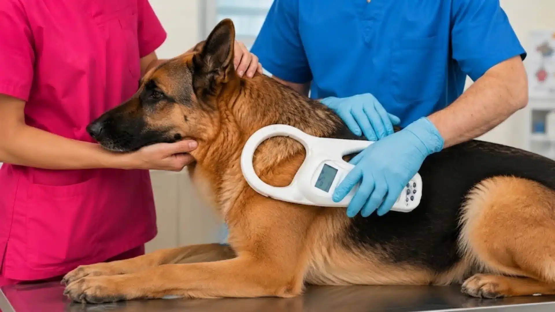 Veterinarian scans a German Shepherd for a microchip while staff gently holds the dog still safely