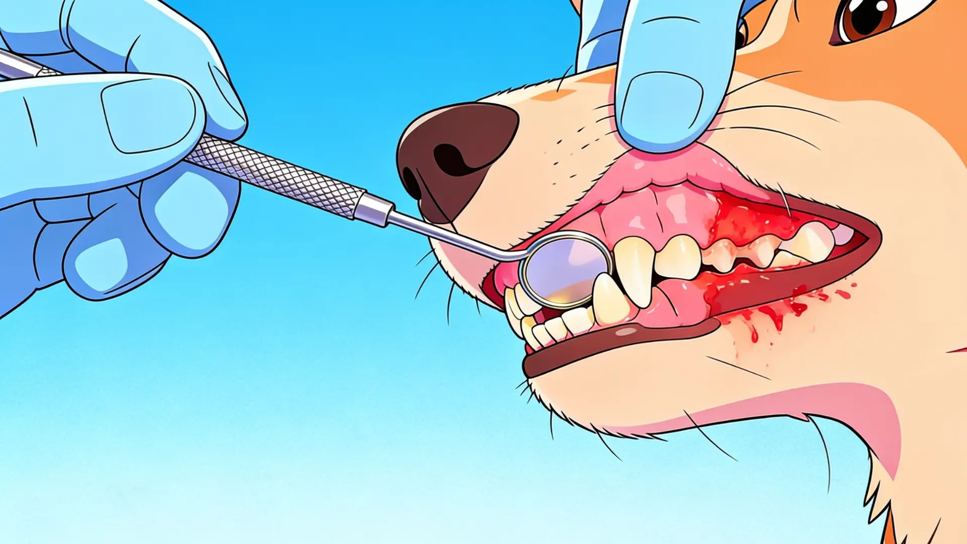 Veterinary dental procedure showing examination of a dog's bleeding gums.