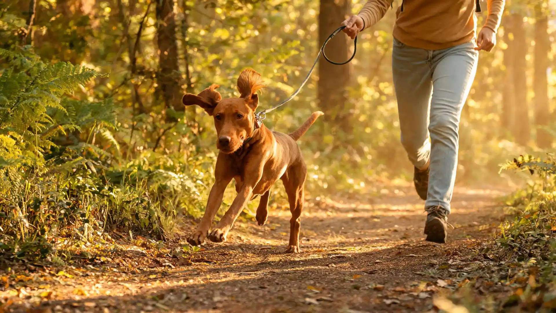 Vizsla running on a forest trail beside its owner during an active outdoor walk.