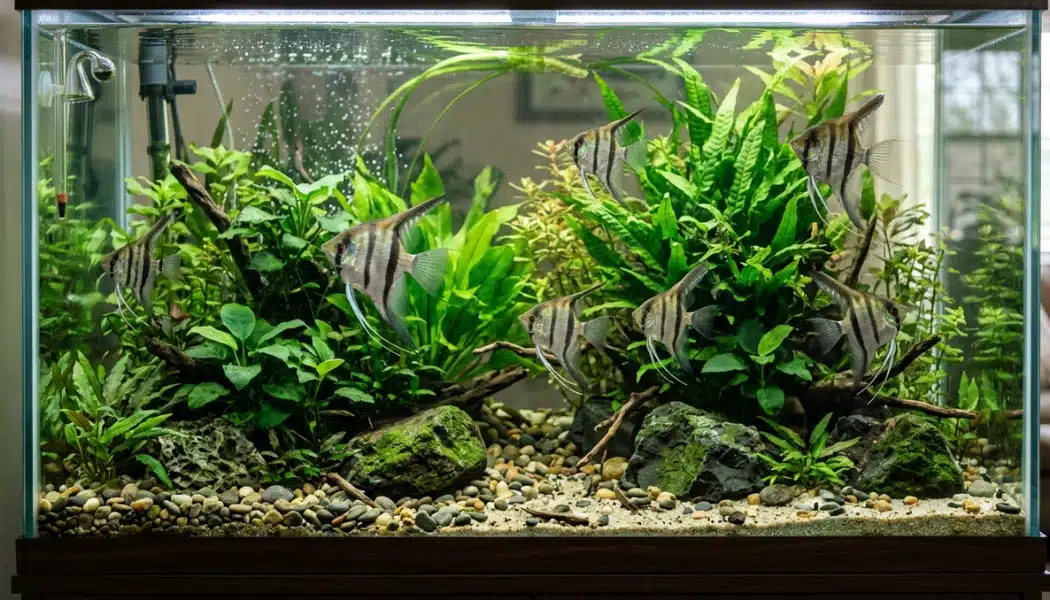 Well maintained planted aquarium with angelfish, green aquatic plants, and pebble substrate
