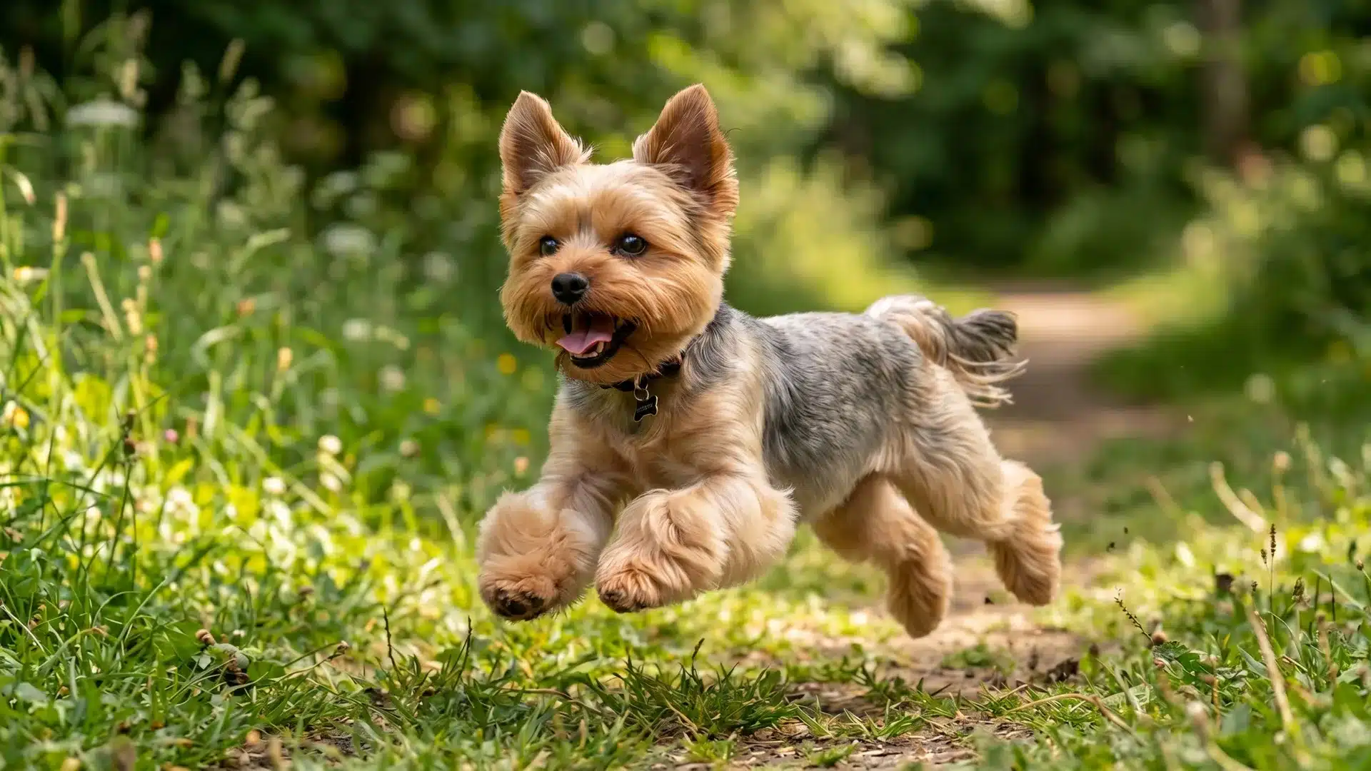 Westie-style Yorkie running in forest path
