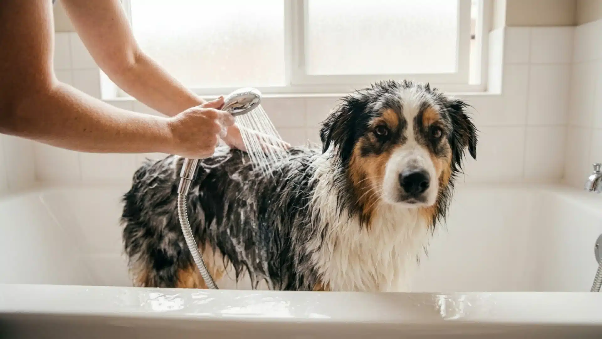 Wet dog getting bathed in bathtub