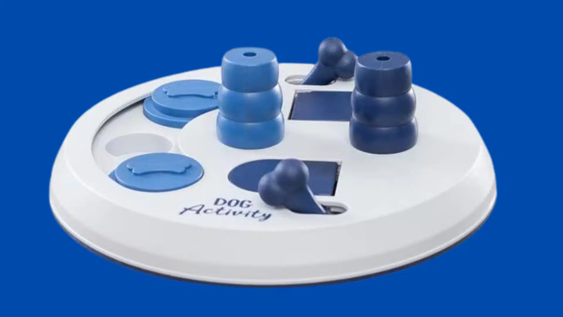 White and blue dog activity puzzle toy
