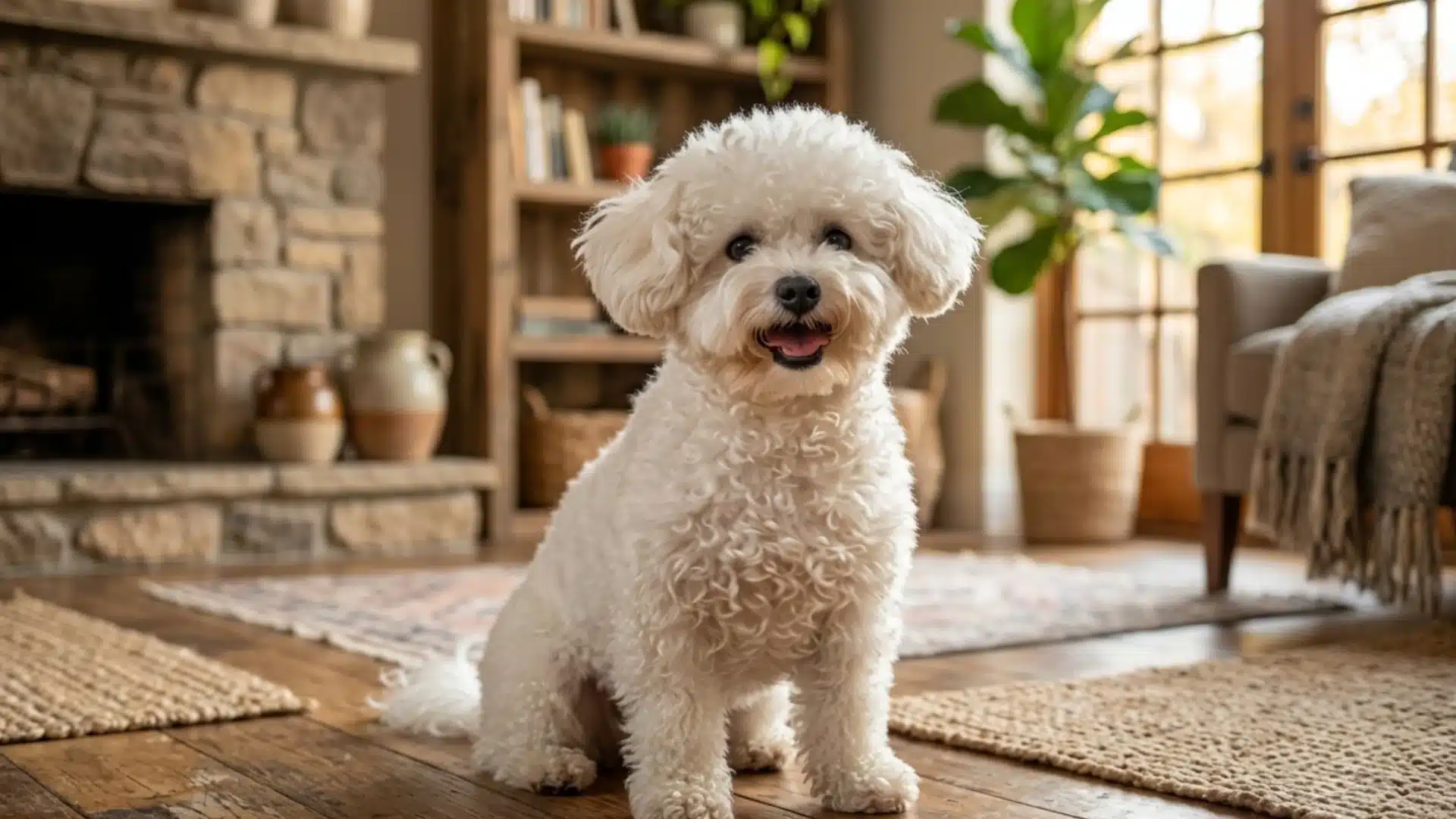 White Bichon Frise sitting in a cozy living room