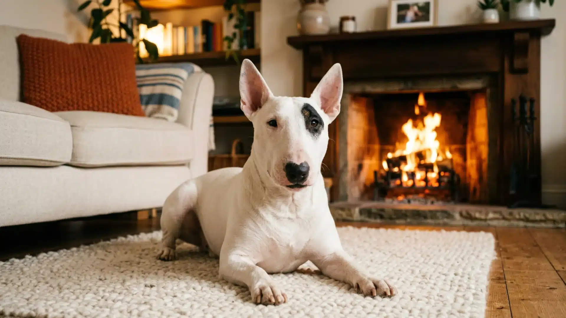 White bull terrier lying on a rug by a warm fireplace