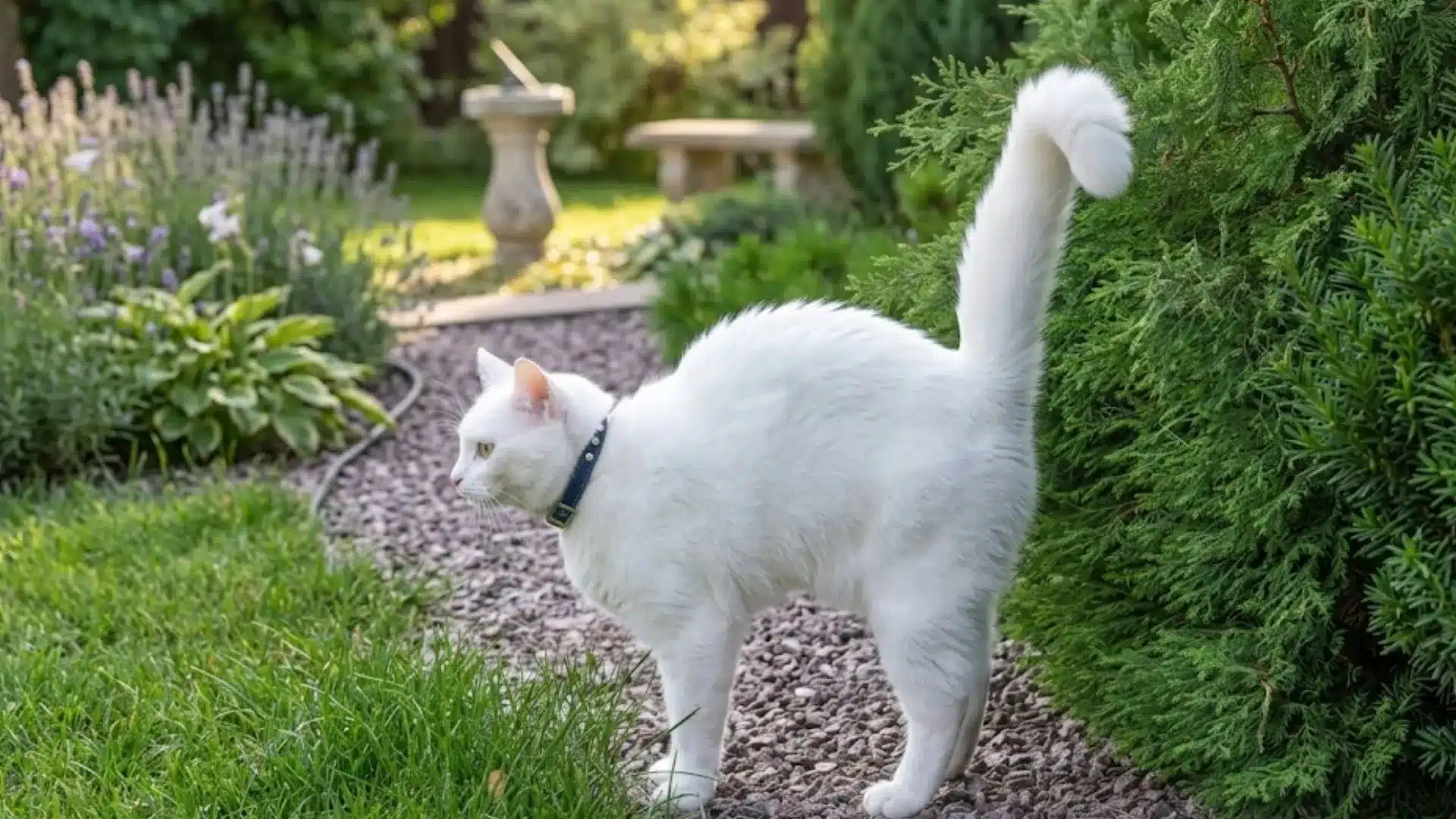 White cat standing on a garden path beside green shrubs with its tail raised near flowers