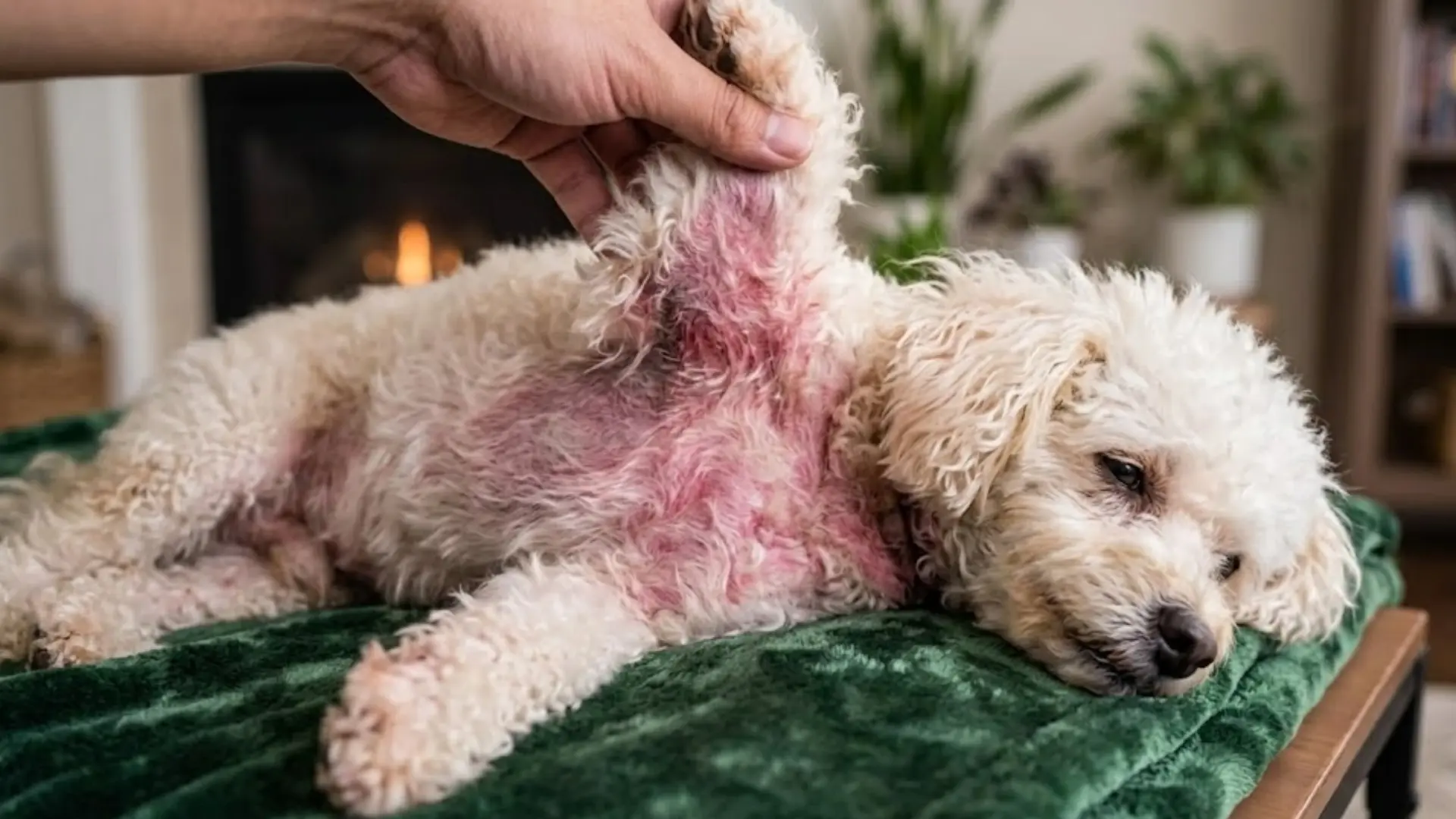 White dog with red irritated skin under its front leg being checked at home