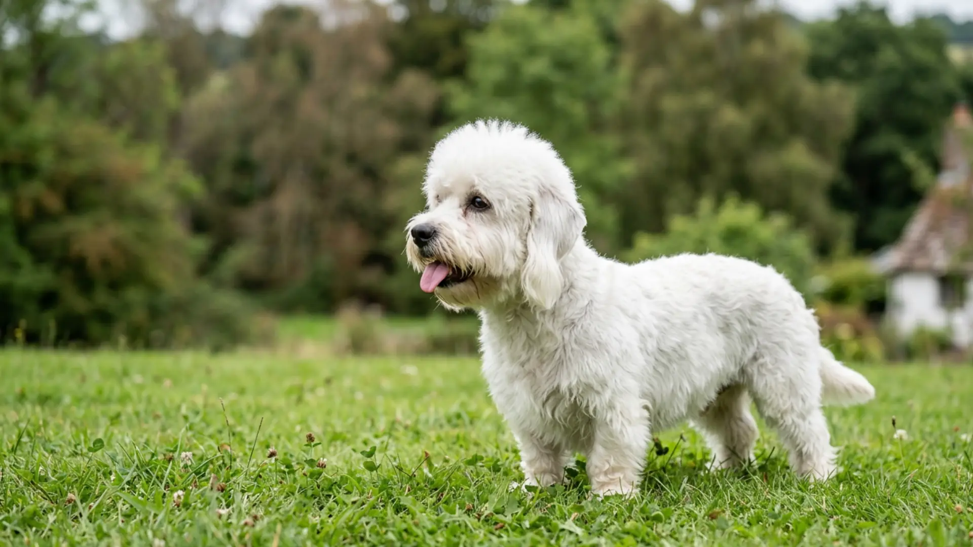White fluffy dog standing in a green countryside field