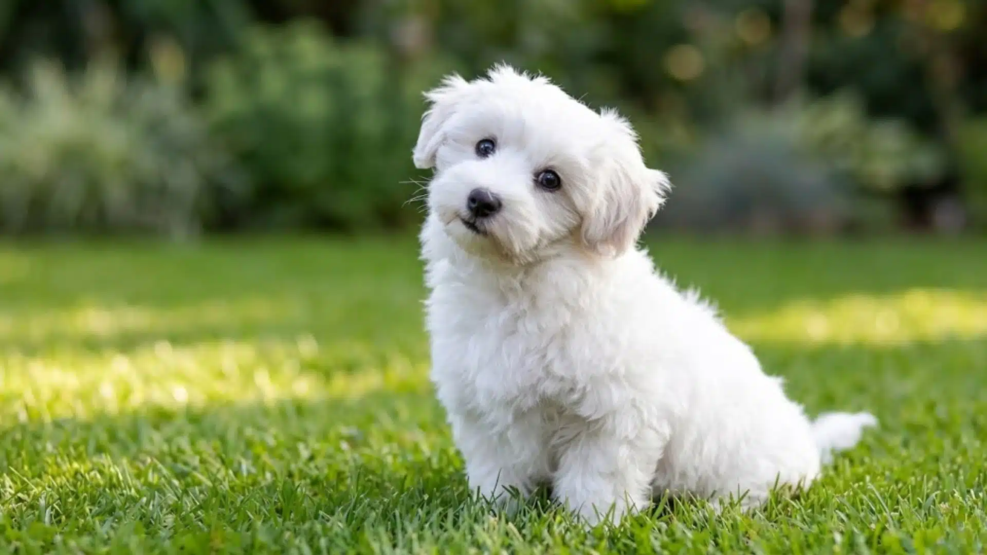White fluffy puppy sitting in bright green grass with its head tilted and soft blurred garden background