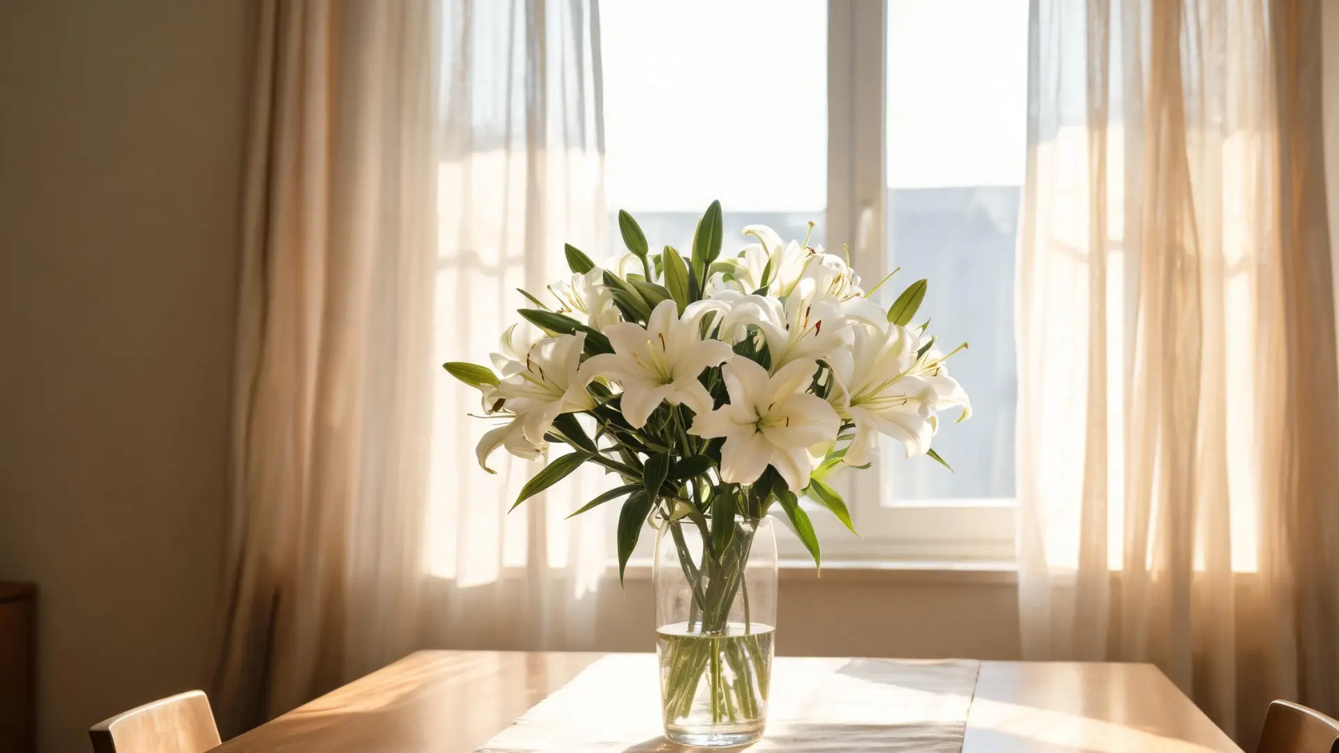 White lilies in a glass vase on a sunlit dining table by a window