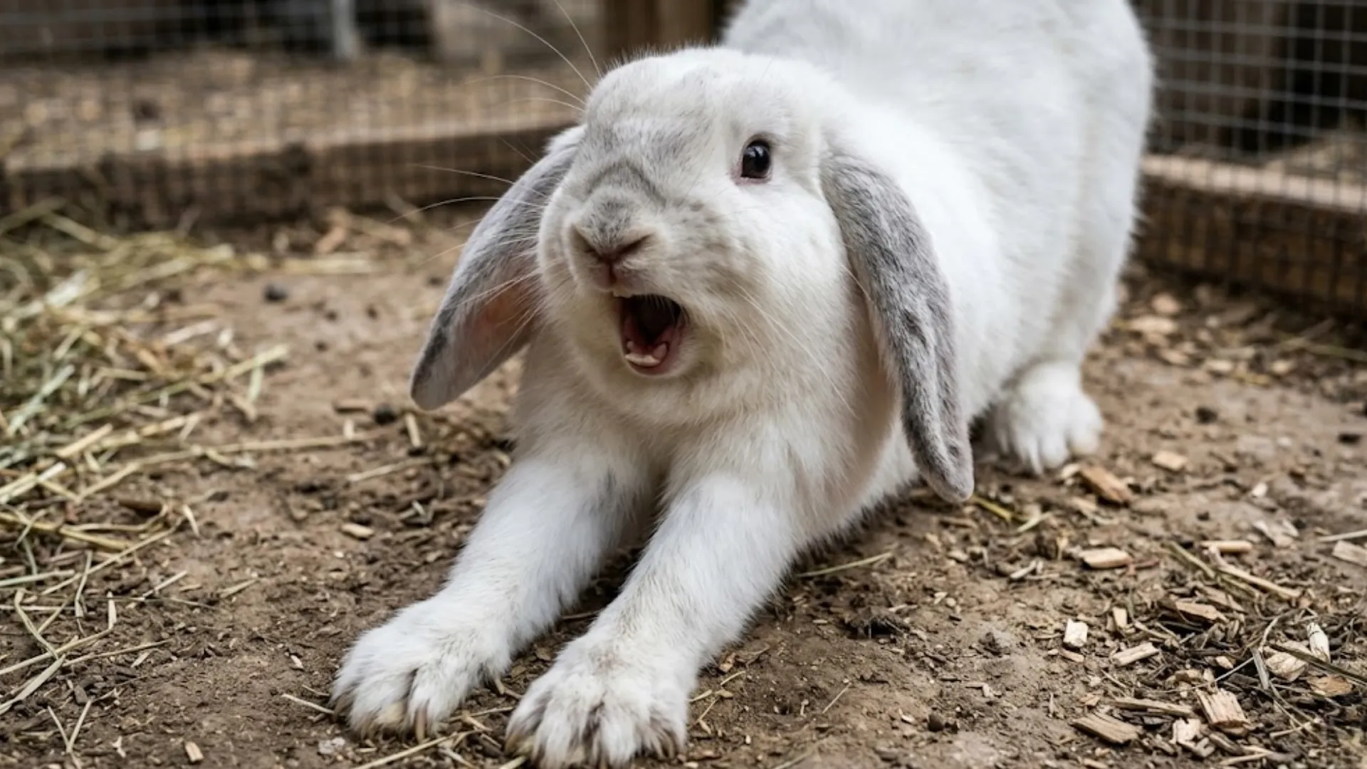 White lop-eared rabbit stretching on dirt inside an outdoor fence