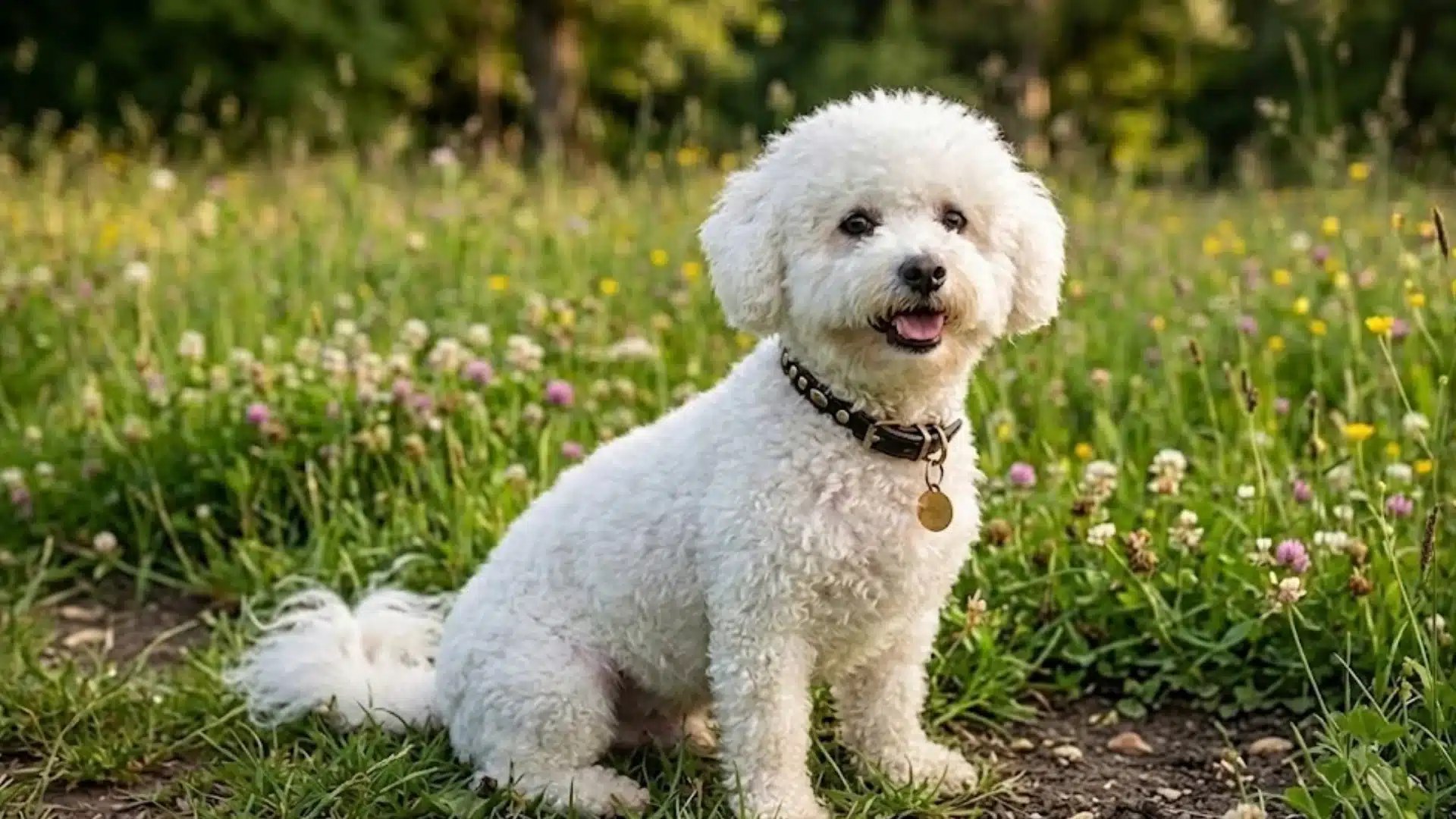 White low-shedding dog sitting in a grassy meadow with wildflowers, wearing a collar on a sunny day