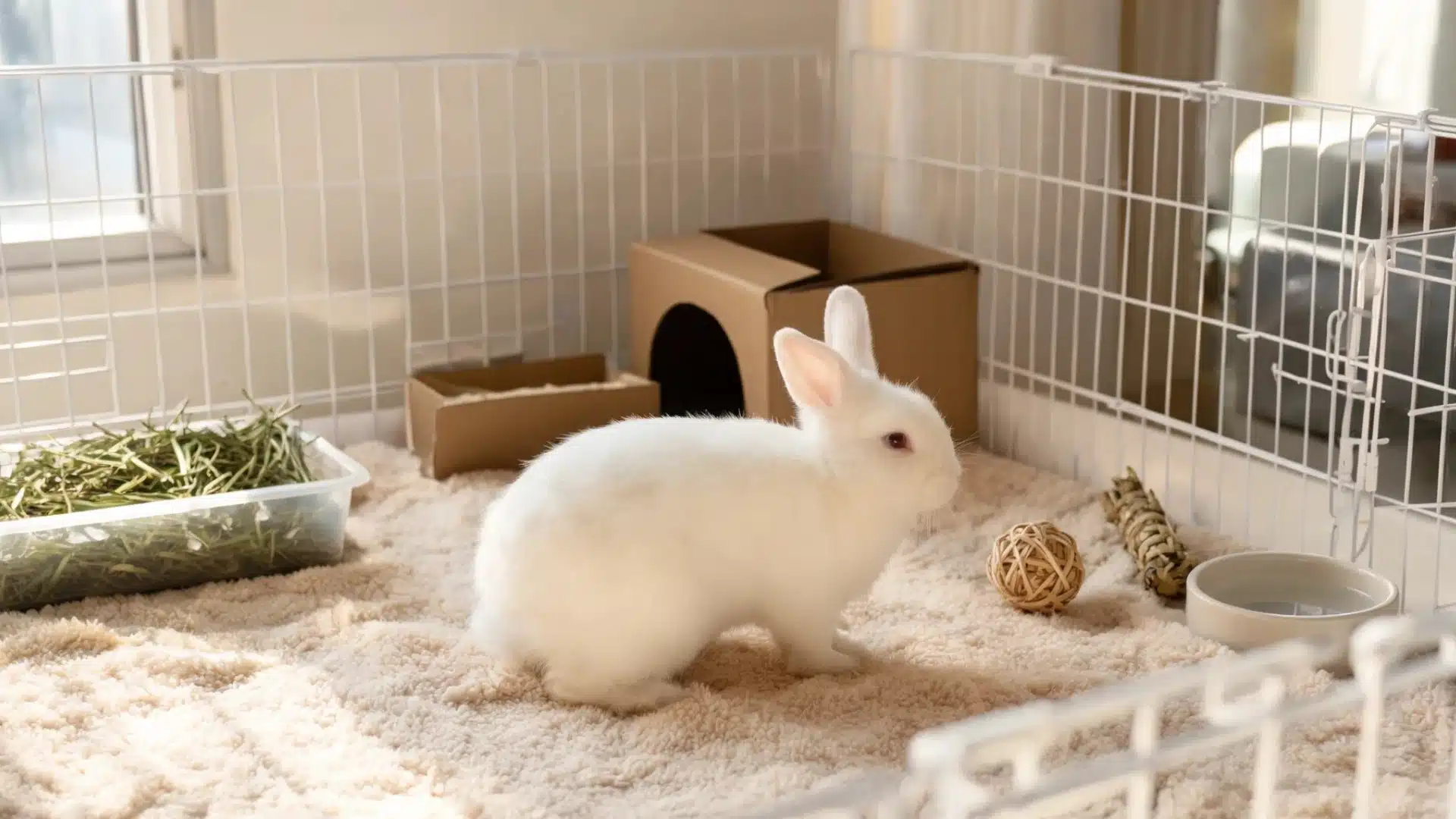 White pet rabbit standing in a cozy indoor pen with hay, water bowl, toys, and a cardboard hideout