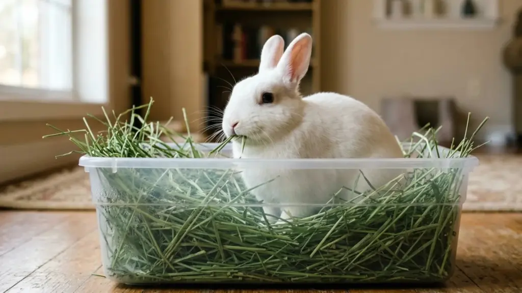 White rabbit eating fresh green hay inside a clear storage bin in a cozy home setting with soft light