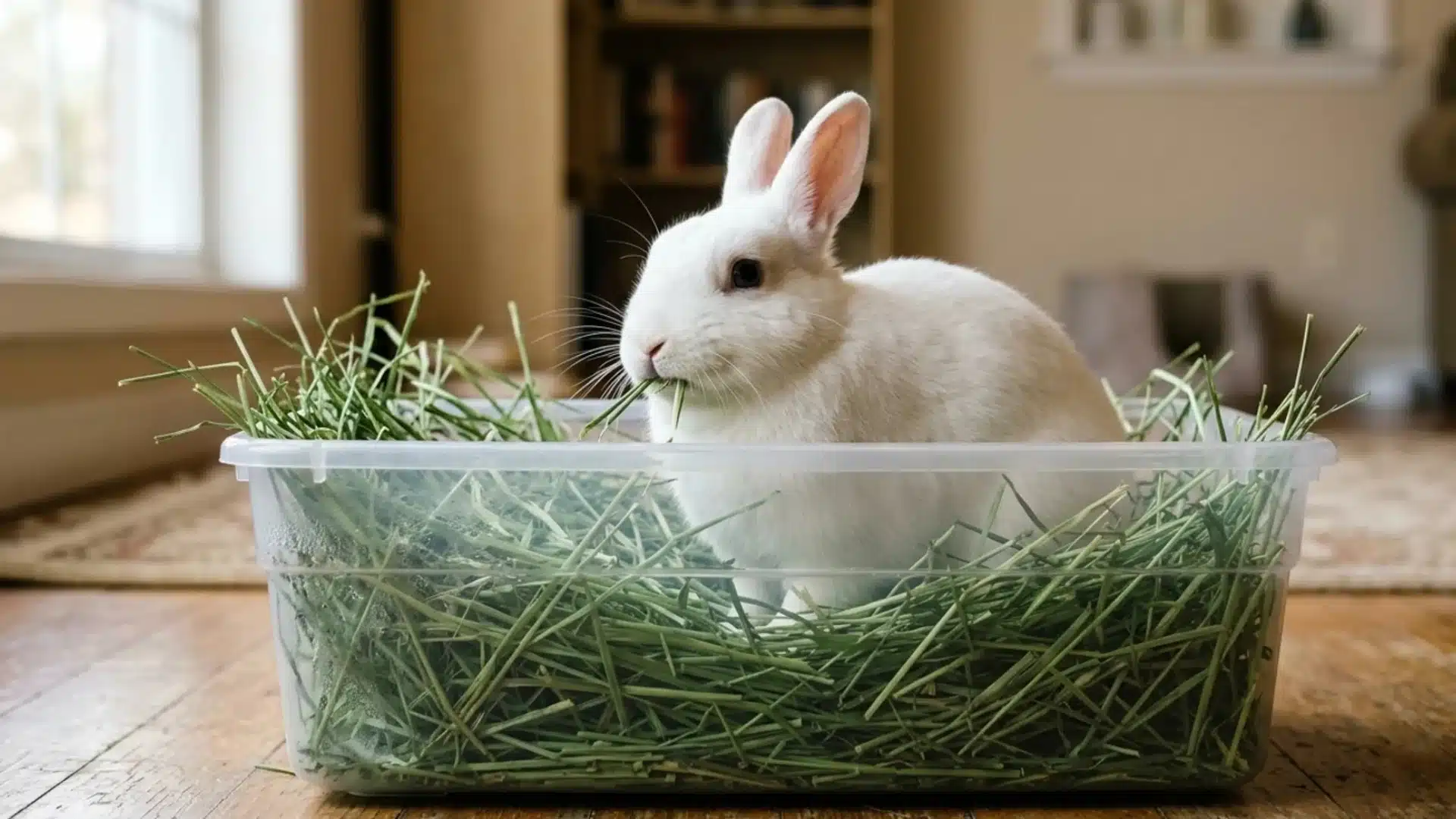 White rabbit eating fresh green hay inside a clear storage bin in a cozy home setting with soft light