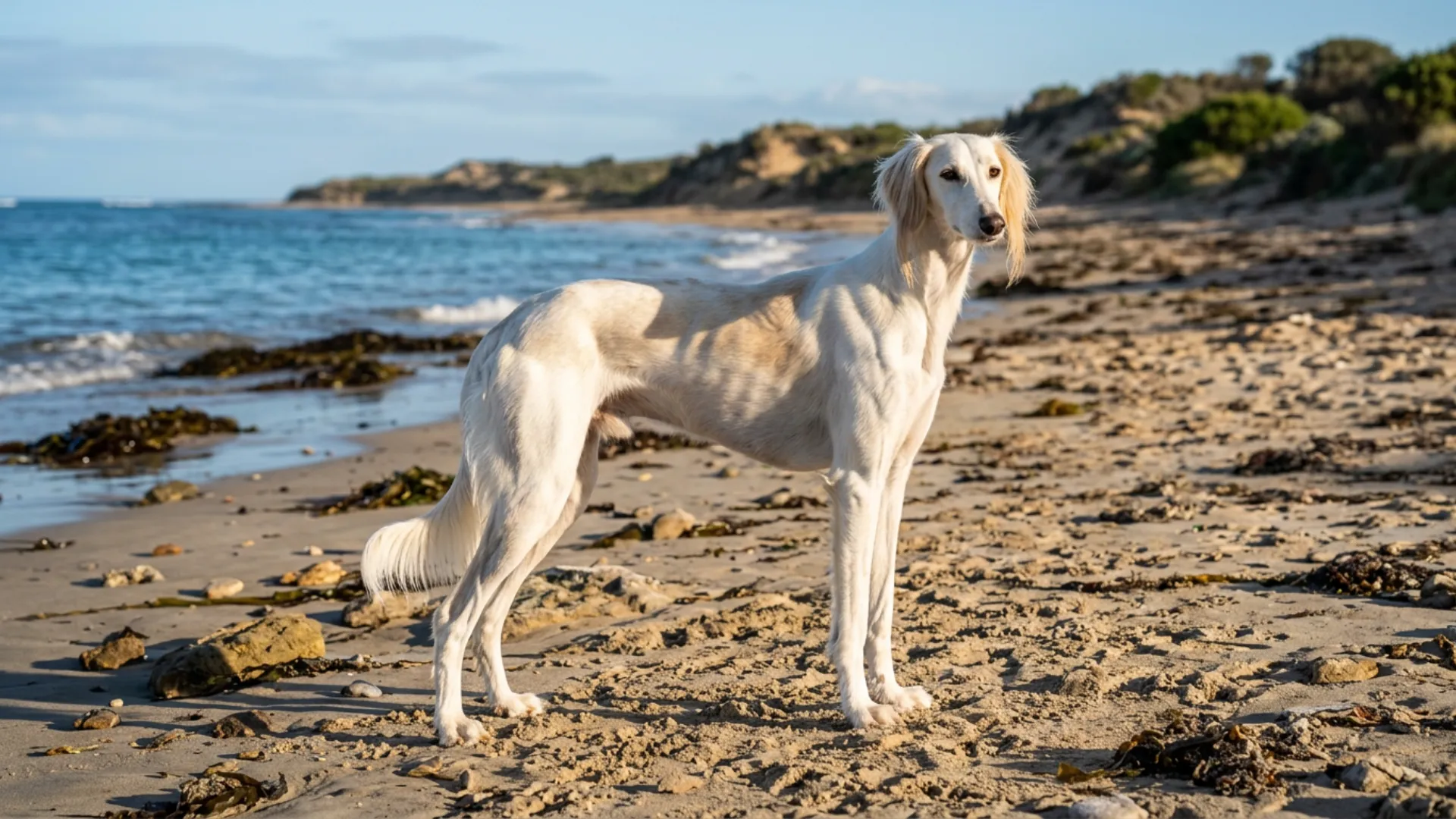 White Saluki dog standing on a sandy beach near the ocean.