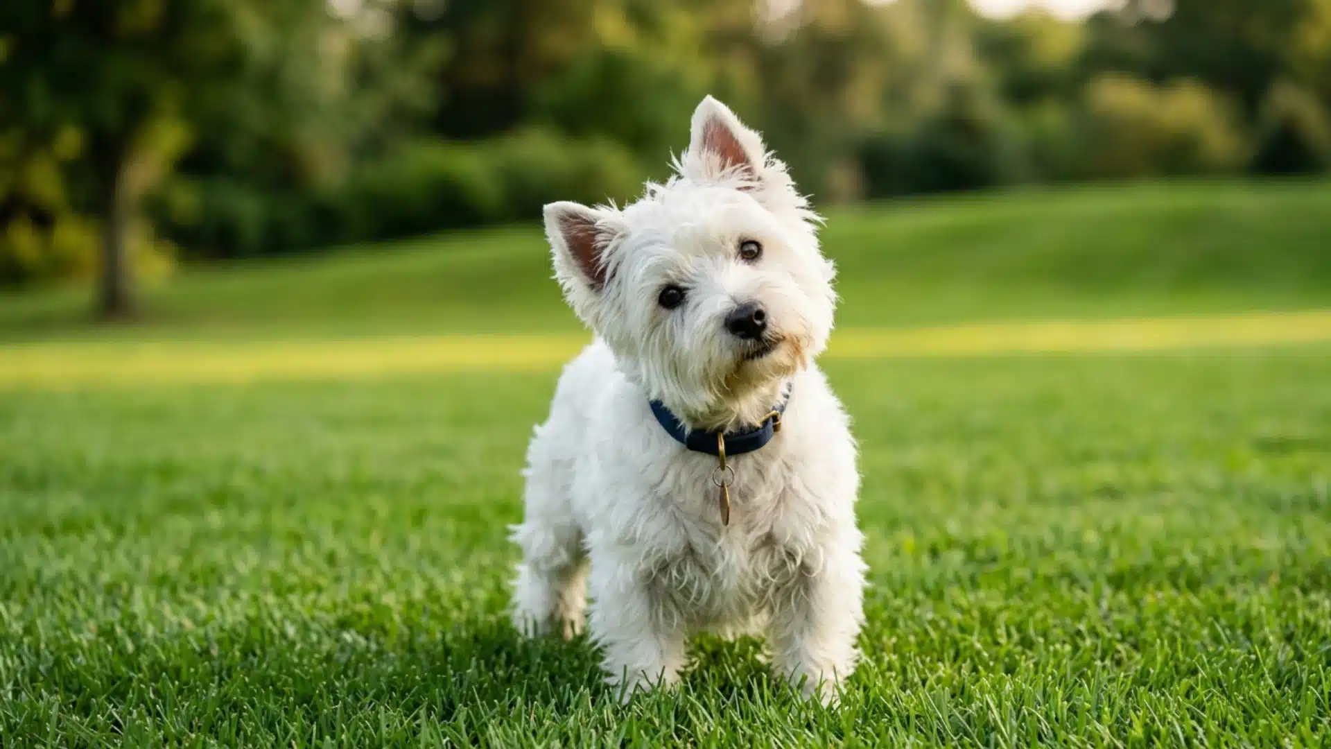 White West Highland terrier standing on green grass in a sunny park