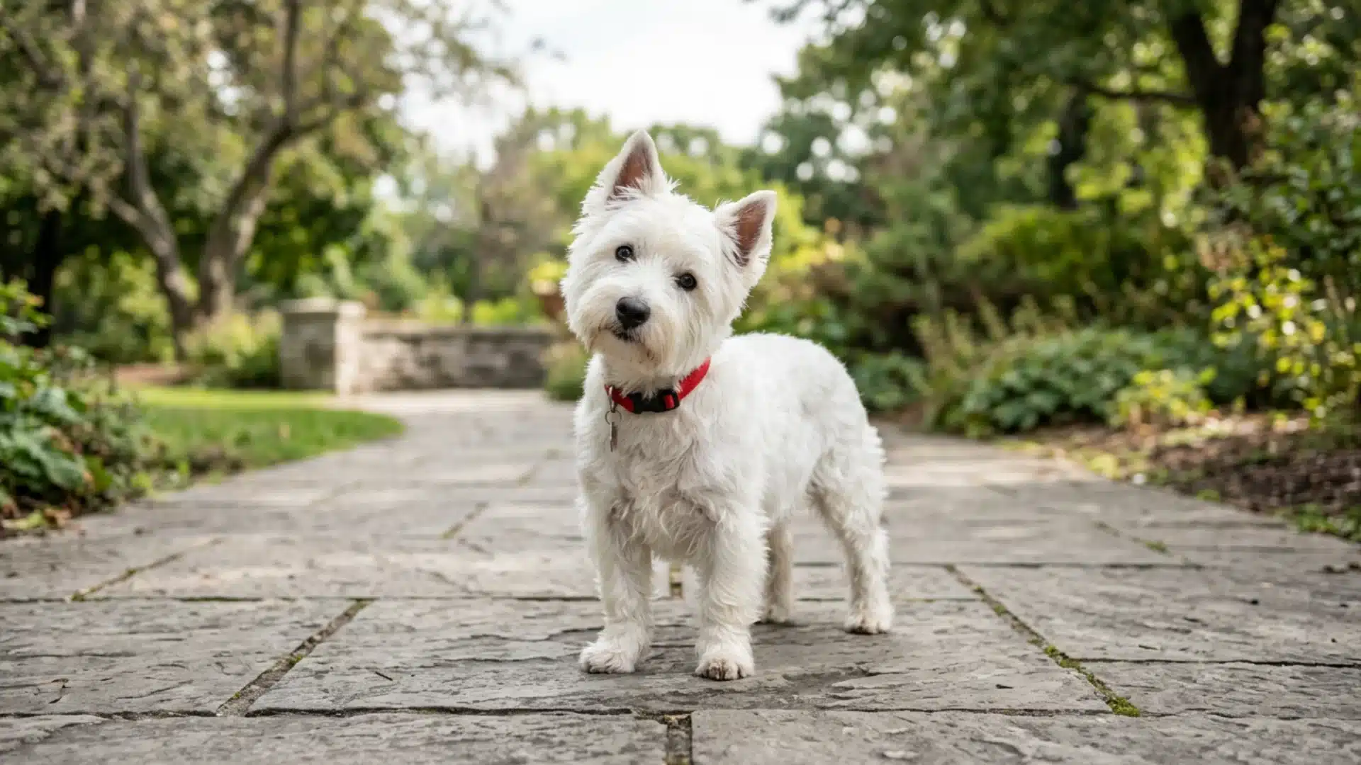 White West Highland White Terrier standing on a stone garden path with a red collar and greenery behind