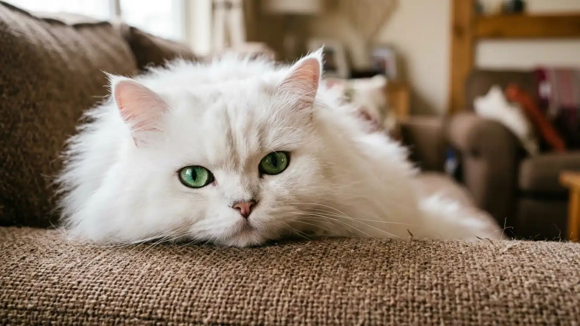 White Persian cat with green eyes resting on a cozy couch in a warm living room.079