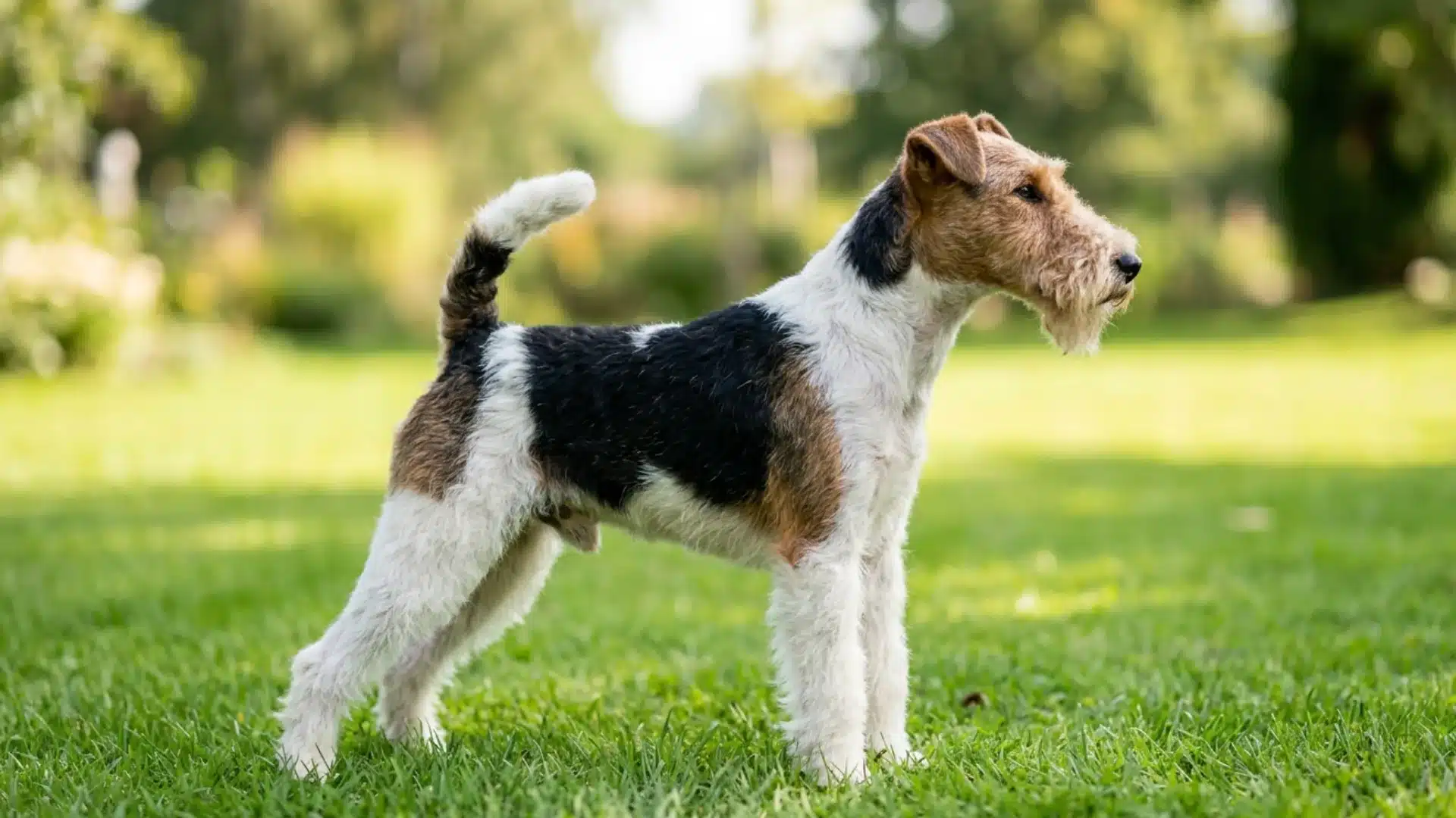 Wire fox terrier standing on green grass in a sunny park