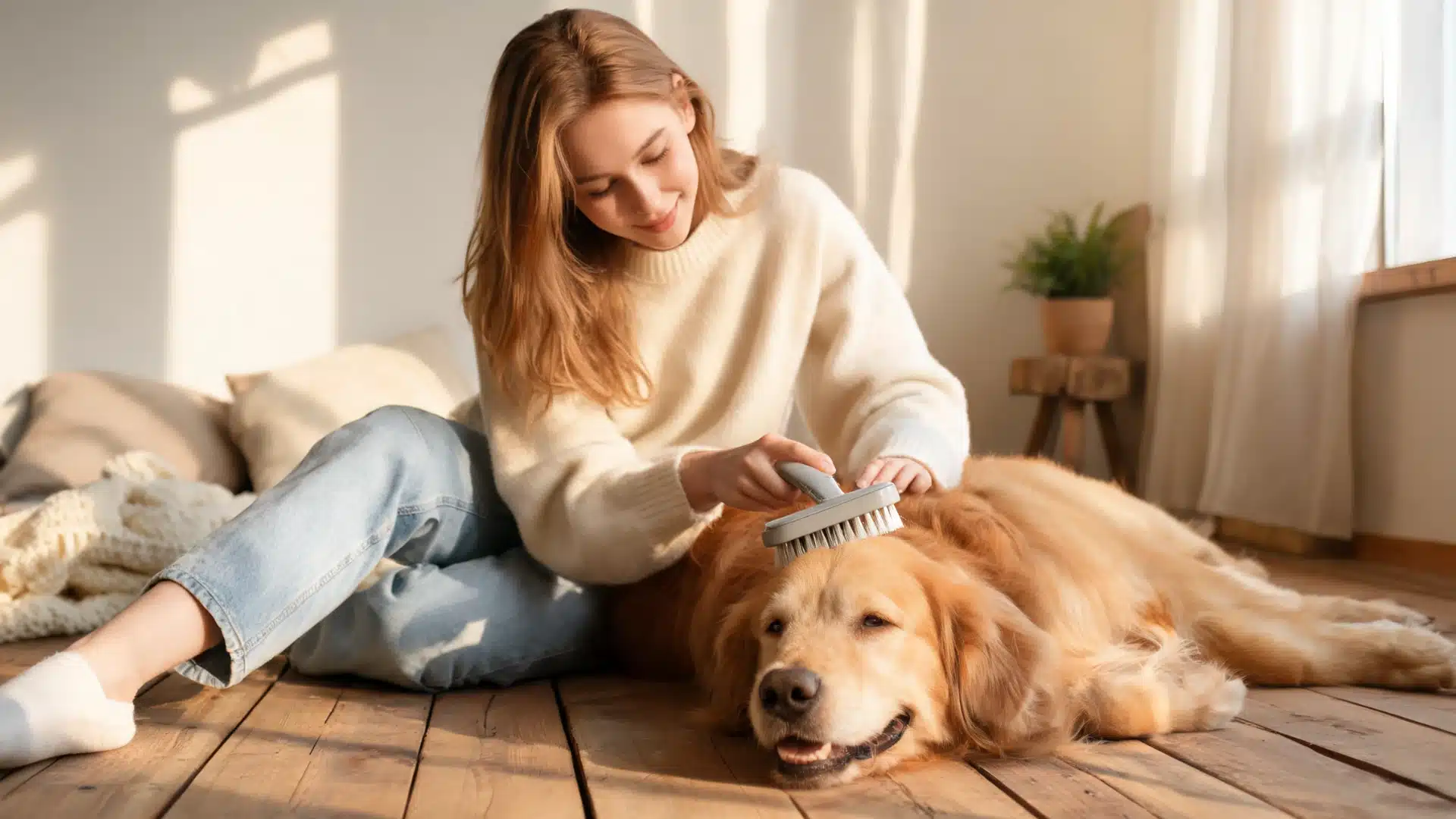 Woman brushing golden retriever indoors