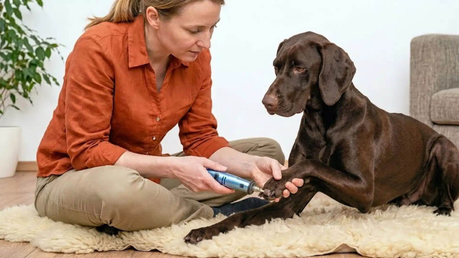 Woman gently grinds a brown dog's front nails at home while the dog rests on a soft rug