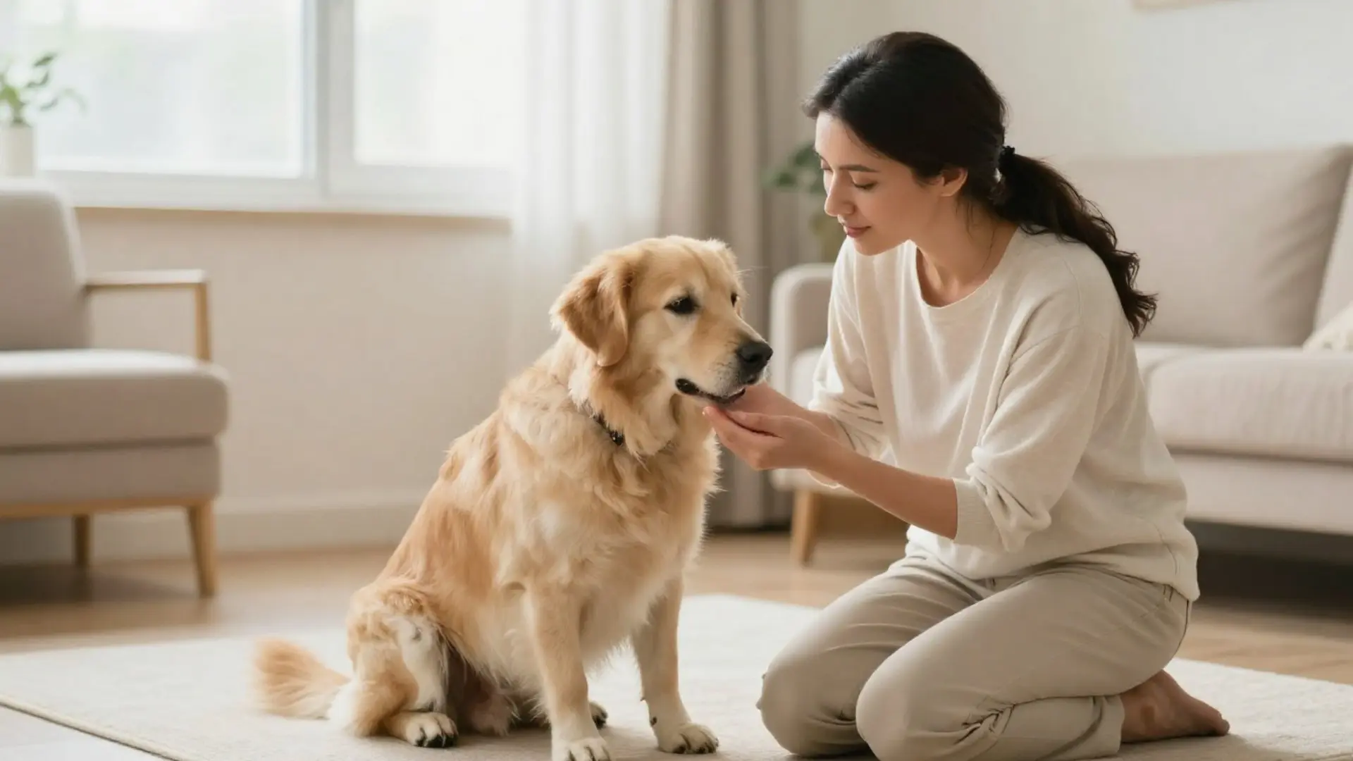 Woman gently petting golden retriever in a bright, cozy living room