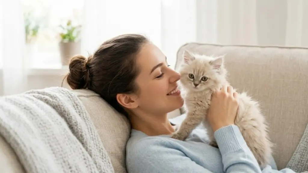 Woman holding a fluffy kitten on a sofa, showing a calm bonding moment between a new pet owner and cat