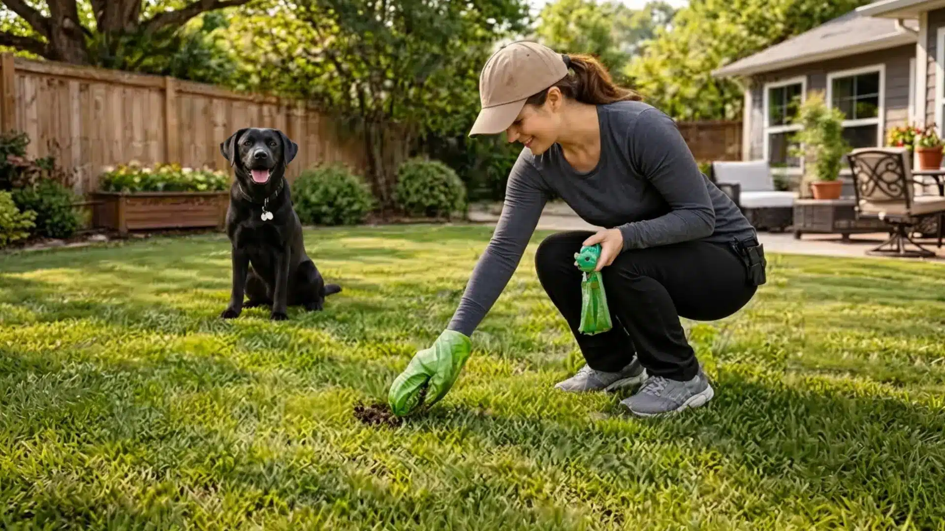 Woman cleaning up dog poop in a yard while a black dog waits nearby