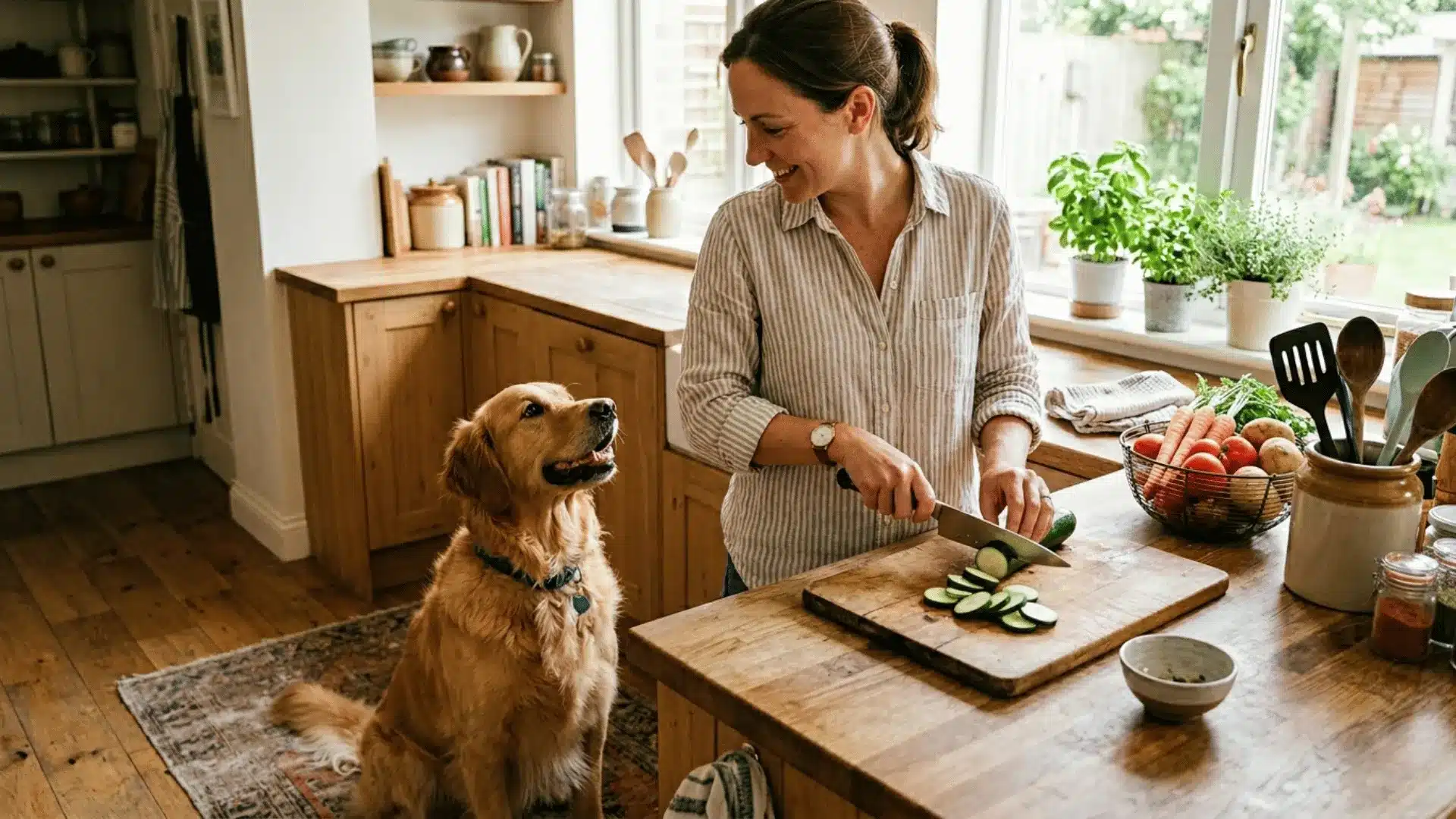 Woman slicing zucchini in kitchen while golden retriever watches beside the counter